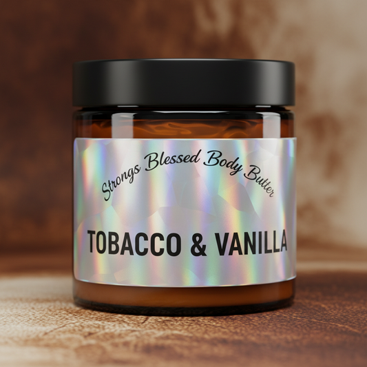 Tobacco & Vanilla Whipped Body Butter - Amber jar with holographic label